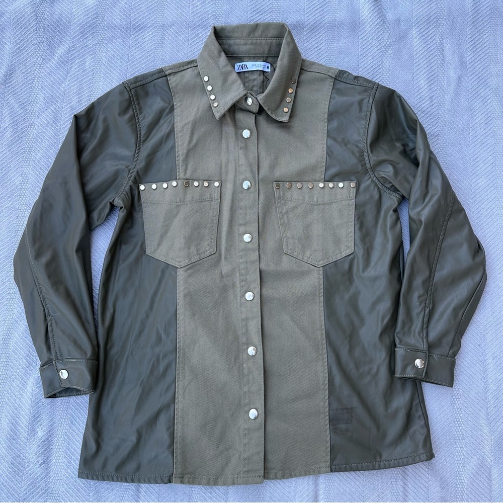 Zara contrasting studded faux leather shirt jacket